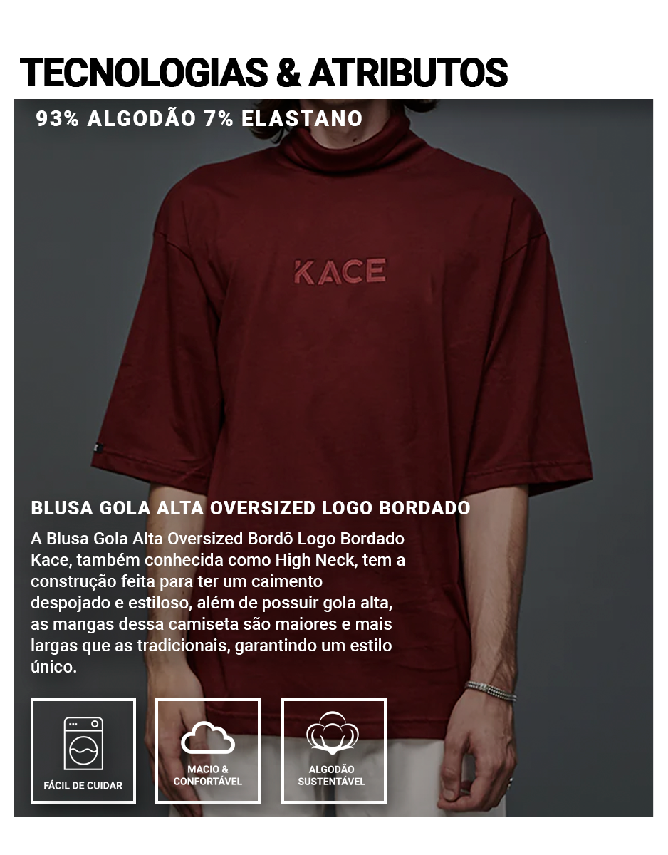 Blusa Gola Alta Oversized Bordô Logo Bordado Kace Informações