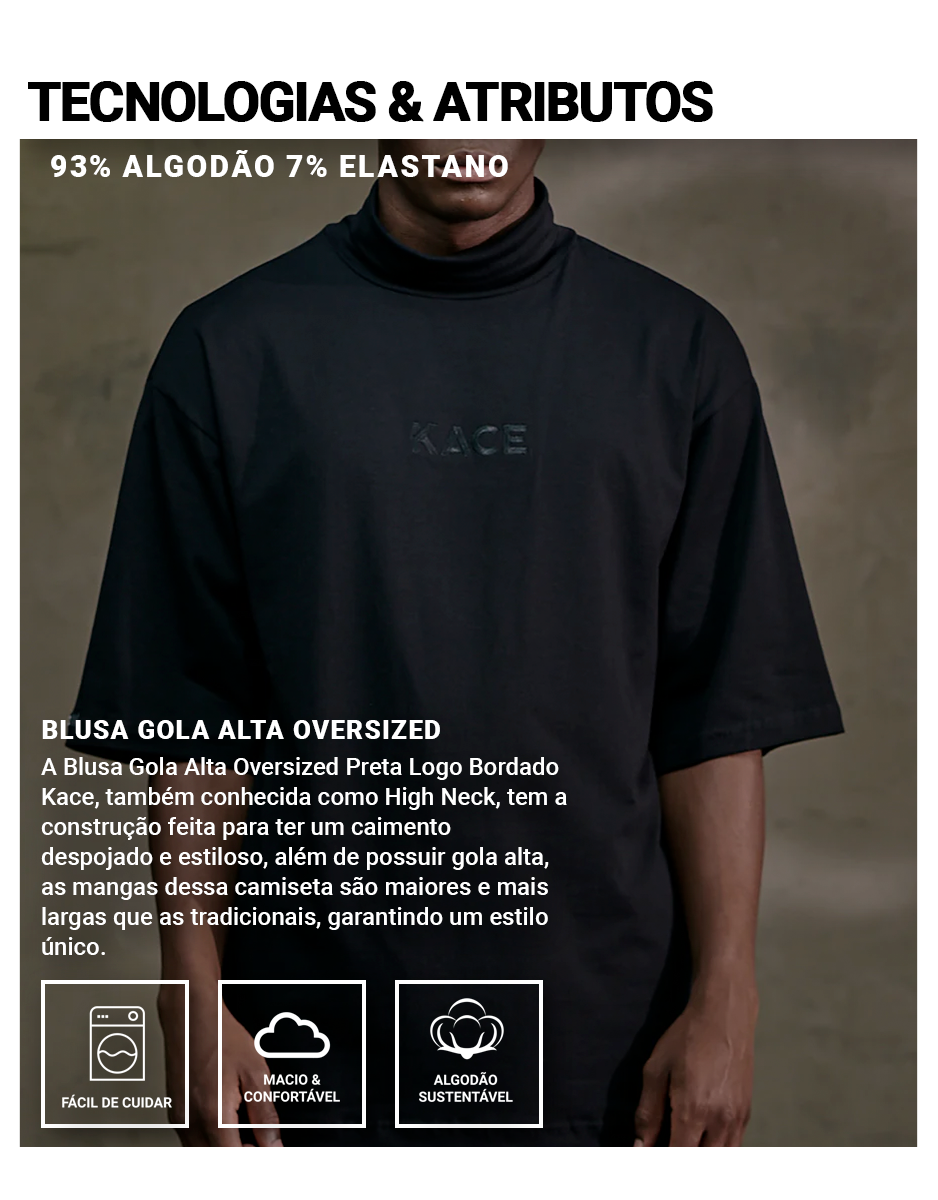 Blusa Gola Alta Oversized Preta Logo Bordado Kace Informações
