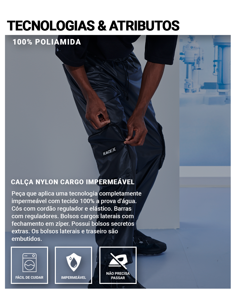 Calça Nylon Cargo Impermeável Preta Logo Kace Informações