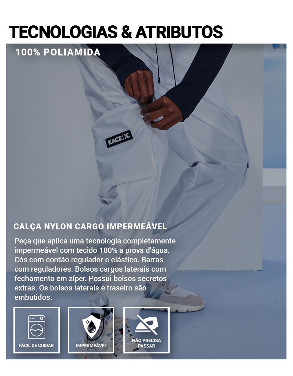 Calça Nylon Cargo Impermeável Branca Logo Kace Informações