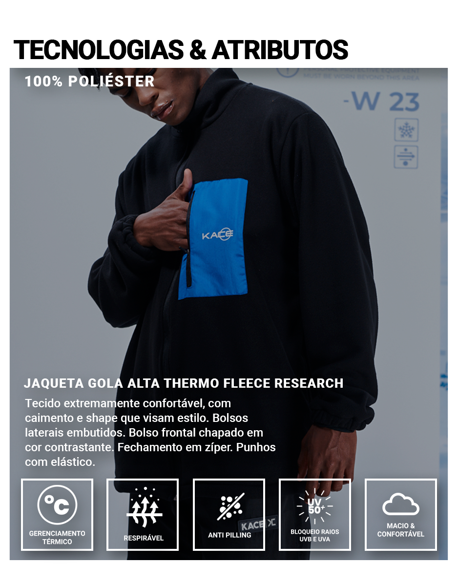 Jaqueta Gola Alta Thermo Fleece Preta Research Kace Informações
