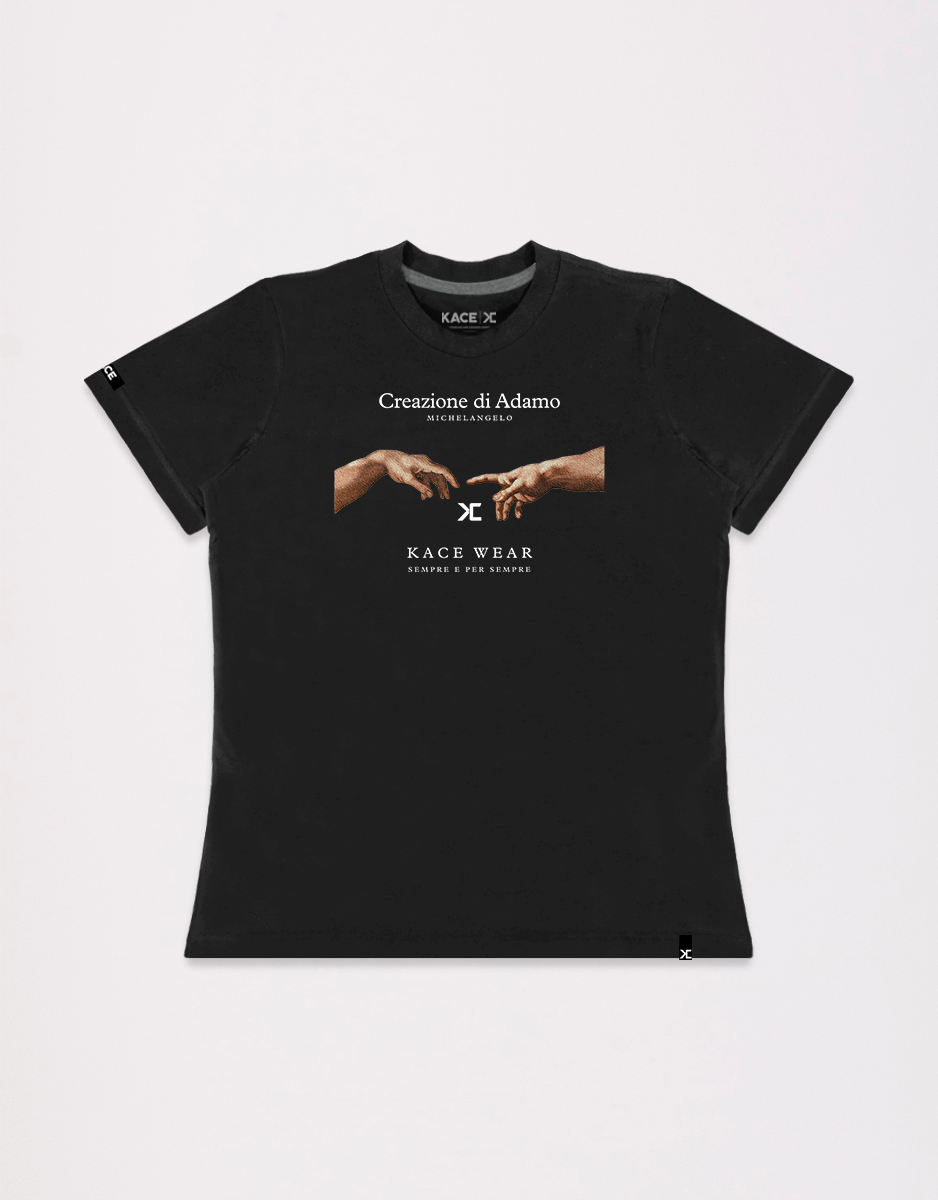 Camiseta Feminina Michelangelo Creazione di Adamo Preta Kace Classics Frente